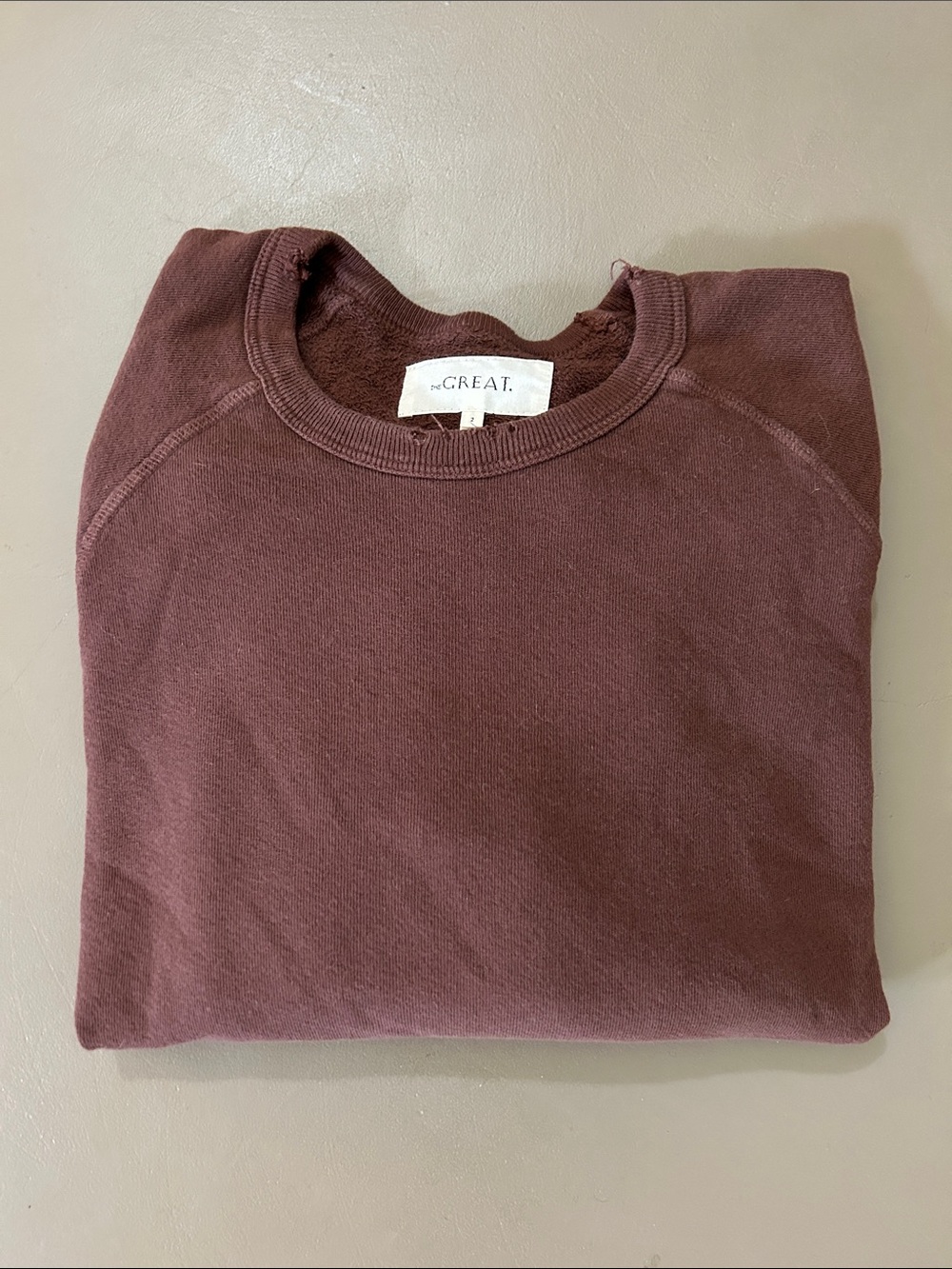 The Great. College Sweatshirt 2 M Chocolate Brown Distressed Cotton USA raglan